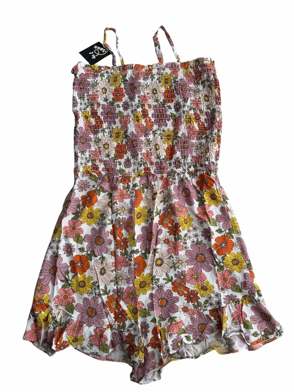 art class White Floral Smocked Romper with Pink, Orange, Yellow Flowers